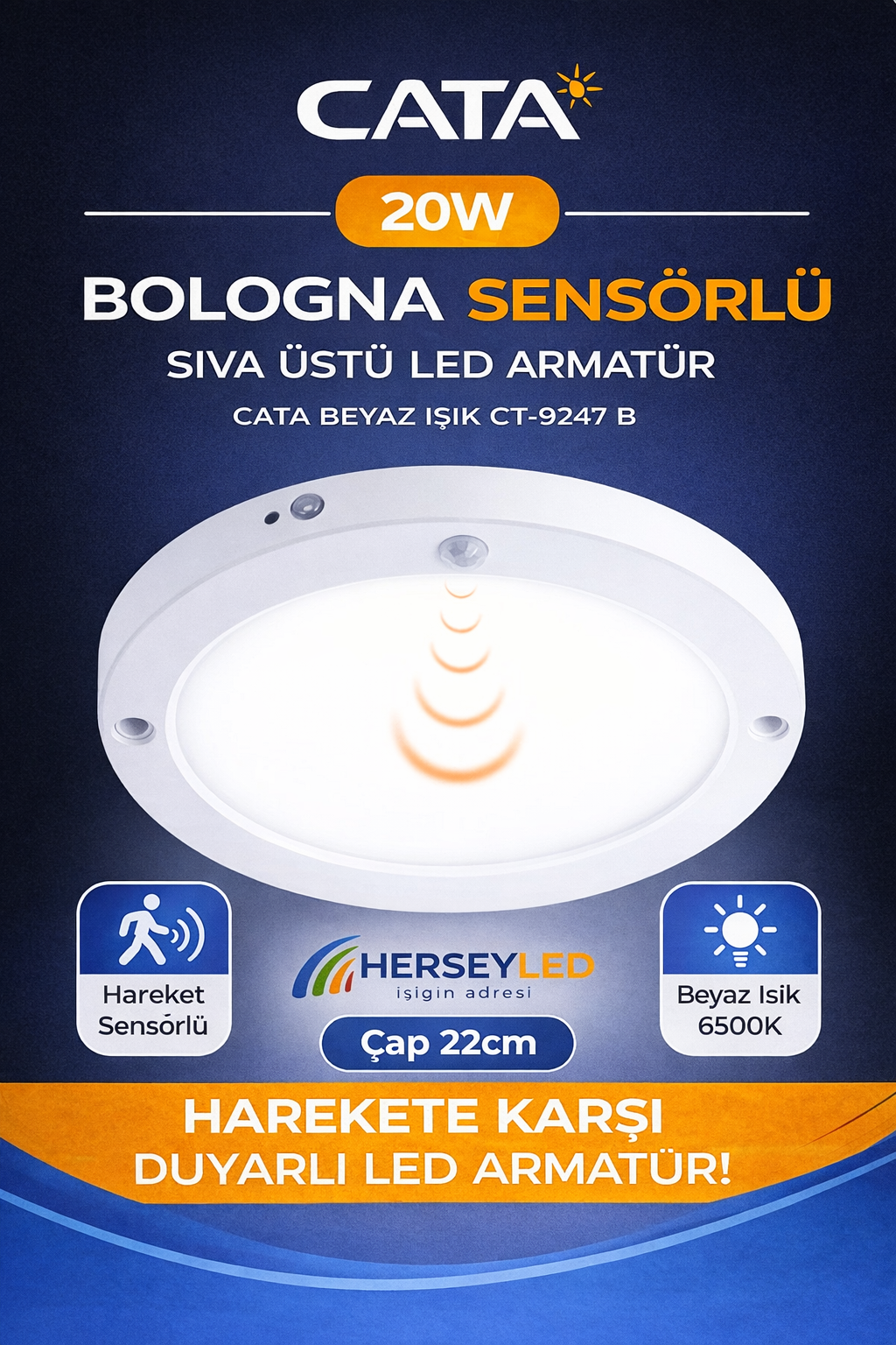 CATA 20W BOLOGNA SENSÖRLÜ SIVA ÜSTÜ LED ARMATÜR  CATA BEYAZ IŞIK  CT-9247 B