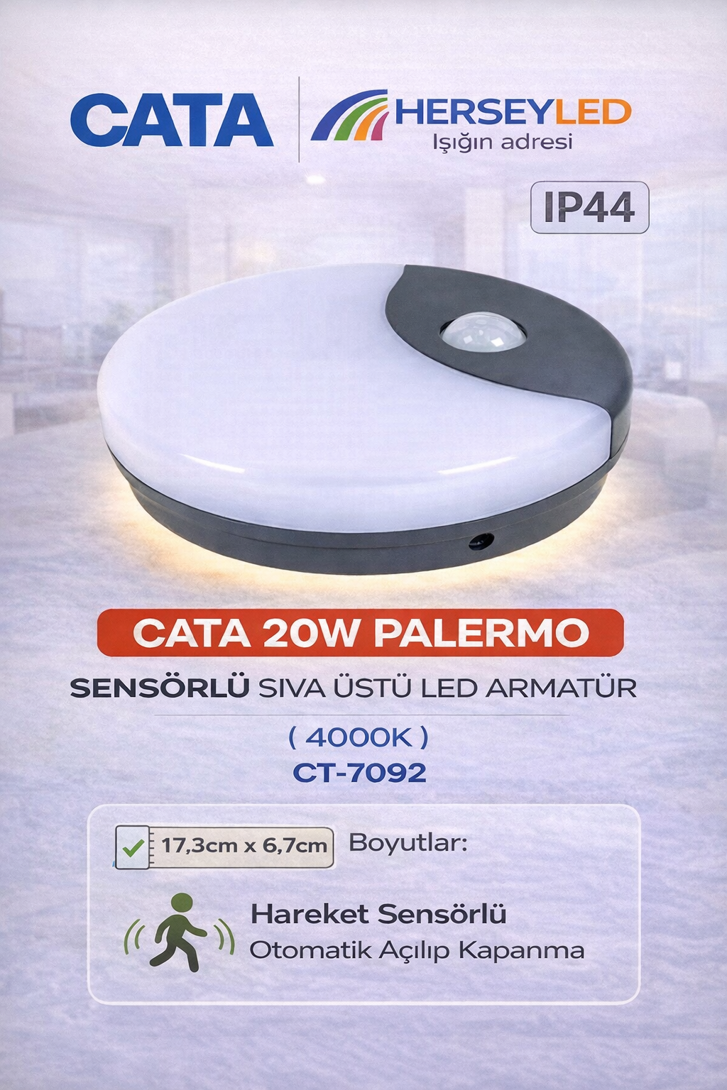 CATA 20w Palermo Sensörlü Sıva üstü Led Armatür ( 4000k ) Ct-7092