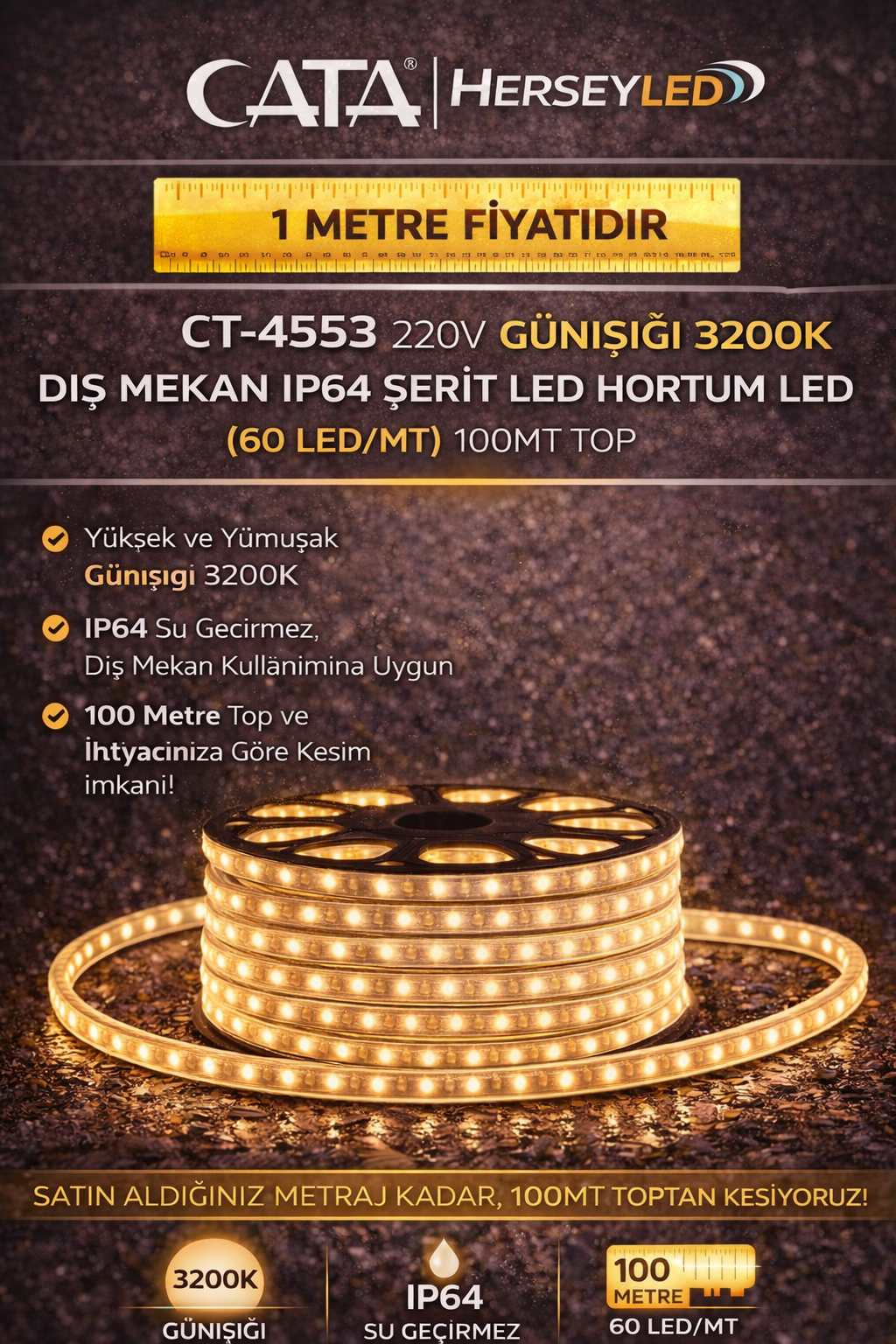 Cata 220 Volt Dış Mekan Hortum Led CT-4553 Günışığı