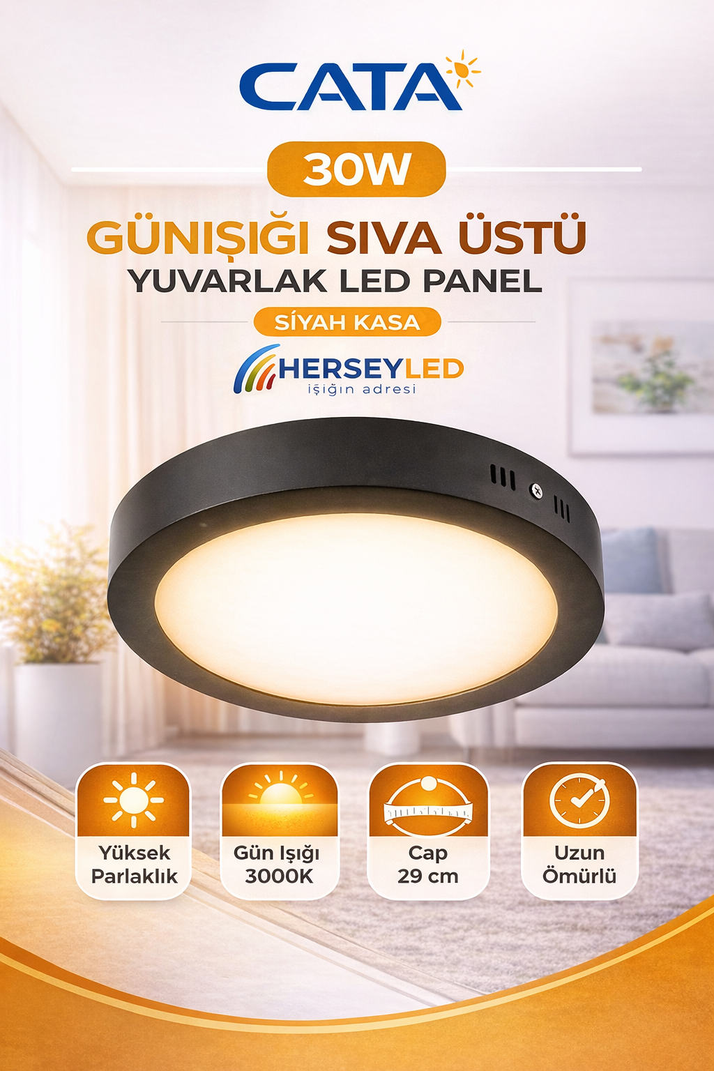CATA 30W GÜNIŞIĞI SIVA ÜSTÜ YUVARLAK LED PANEL GÜN IŞIĞI - SİYAH KASA CT-5238 G