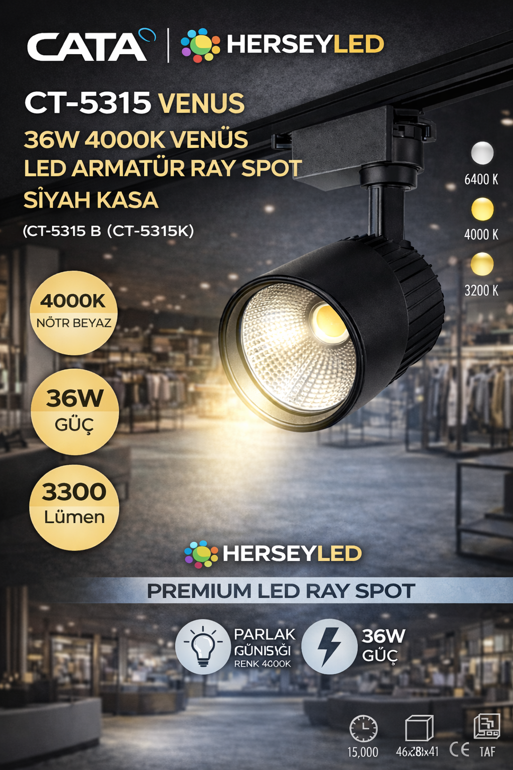 CATA 36W 4000K  VENÜS LED ARMATÜR RAY SPOT SİYAH KASA  CT-5315 K