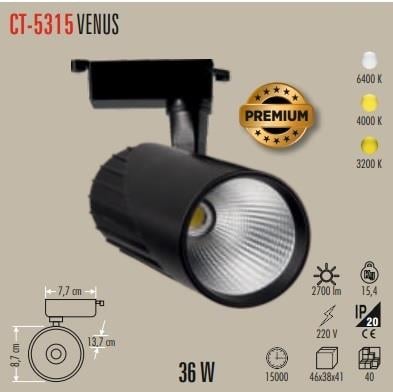 CATA 36W BEYAZ 6500K VENÜS LED RAY SPOT SİYAH KASA CT-5315 B