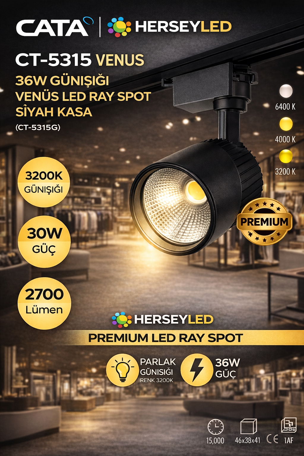 CATA 36W GÜNIŞIĞI VENÜS LED RAY SPOT SİYAH KASA CT-5315 G