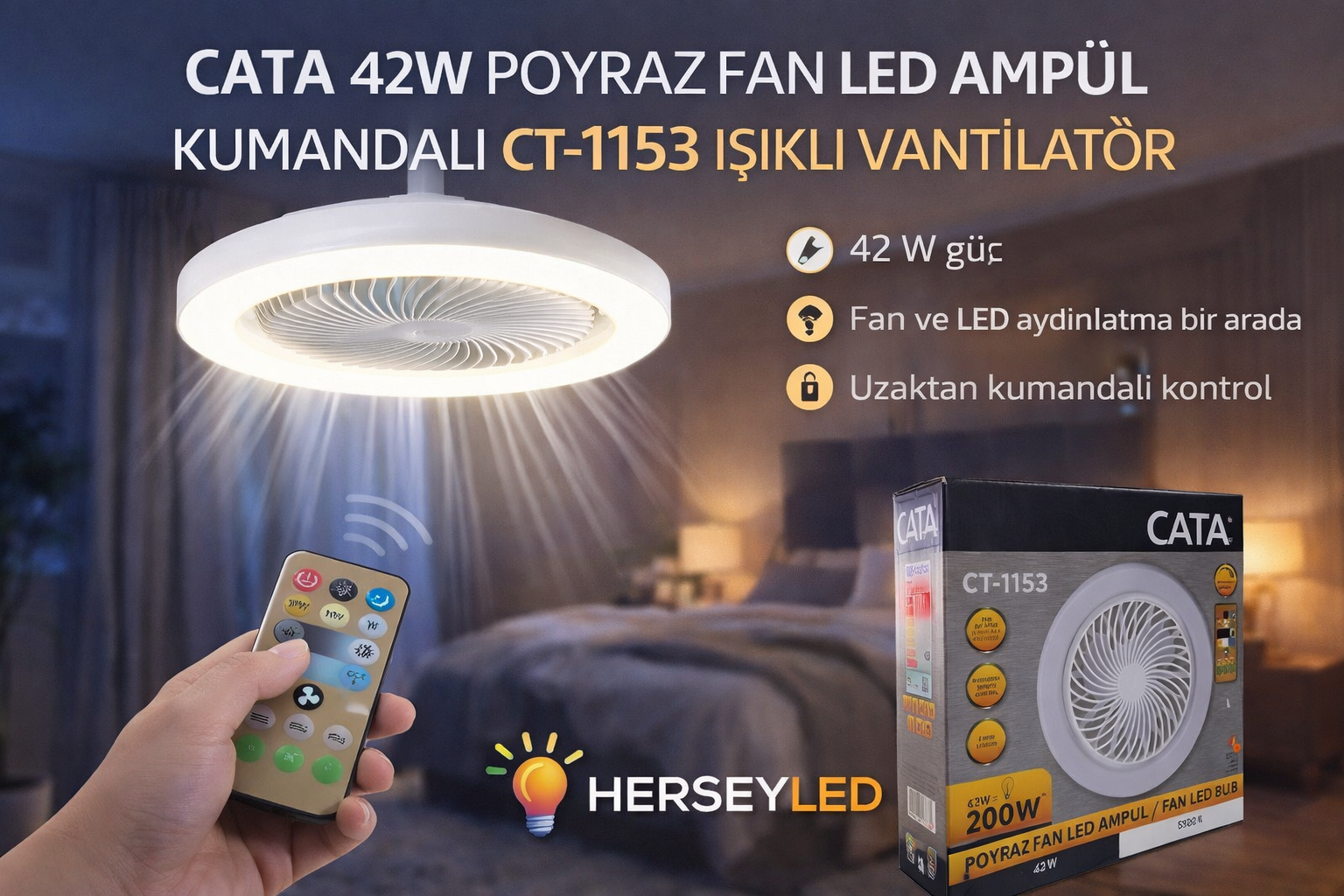Cata 42W Poyraz Fan Led Ampül Kumandalı CT-1153 Işıklı Vantilatör