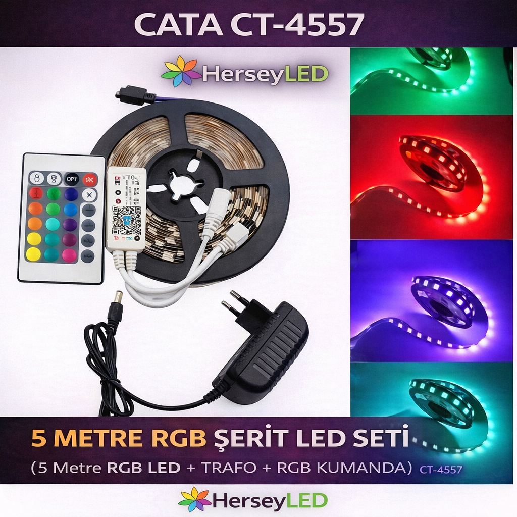 CATA 5 METRE RGB ŞERİT LED SETİ (5 METRE RGB LED 96 RENK + TRAFO + RGB KUMANDA) CT-4557