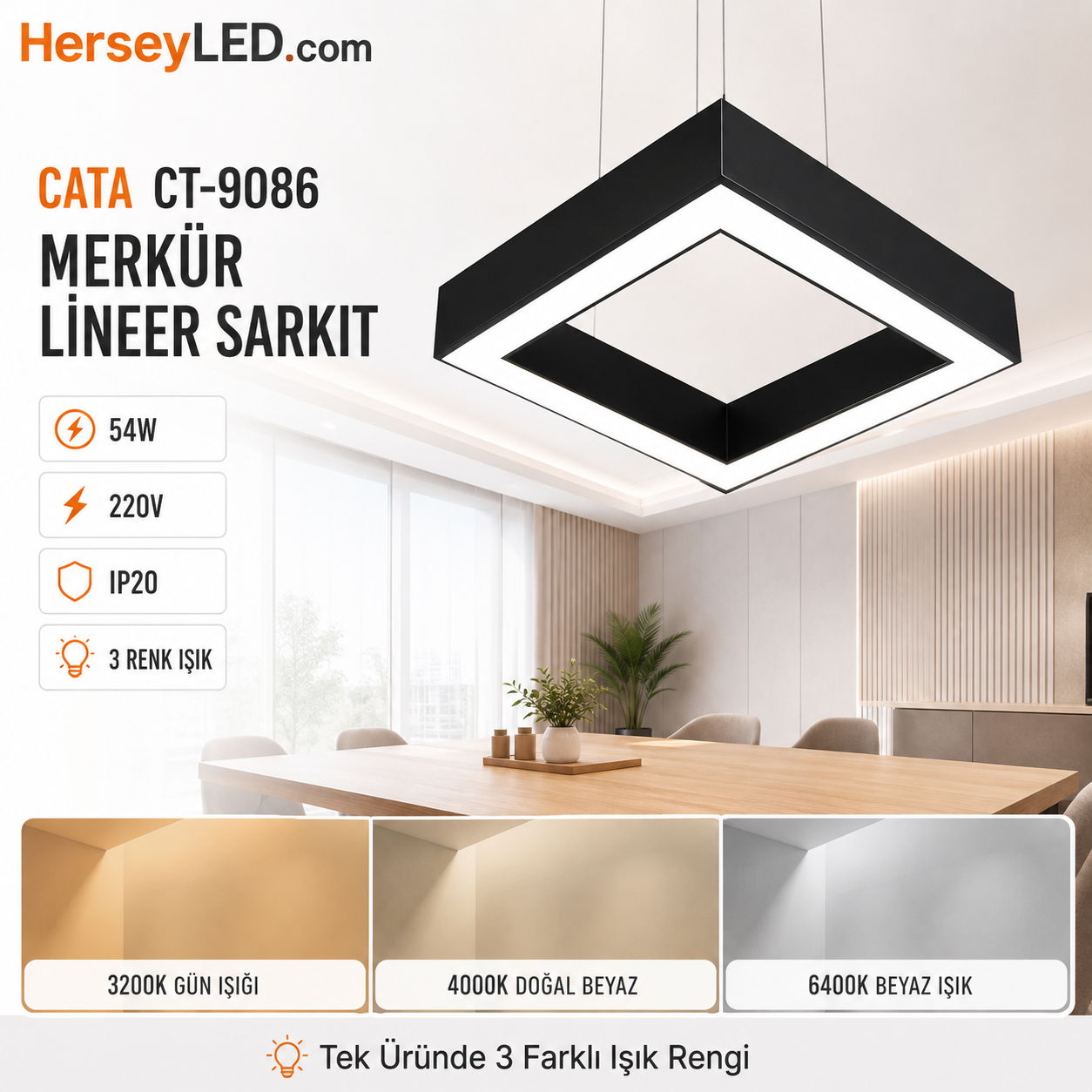 CATA 54W  MERKÜR LİNEER SARKIT 3RENK ( Çap 60cm ) ( BEYAZ +4000K+GÜNIŞIĞI )  CT-9086