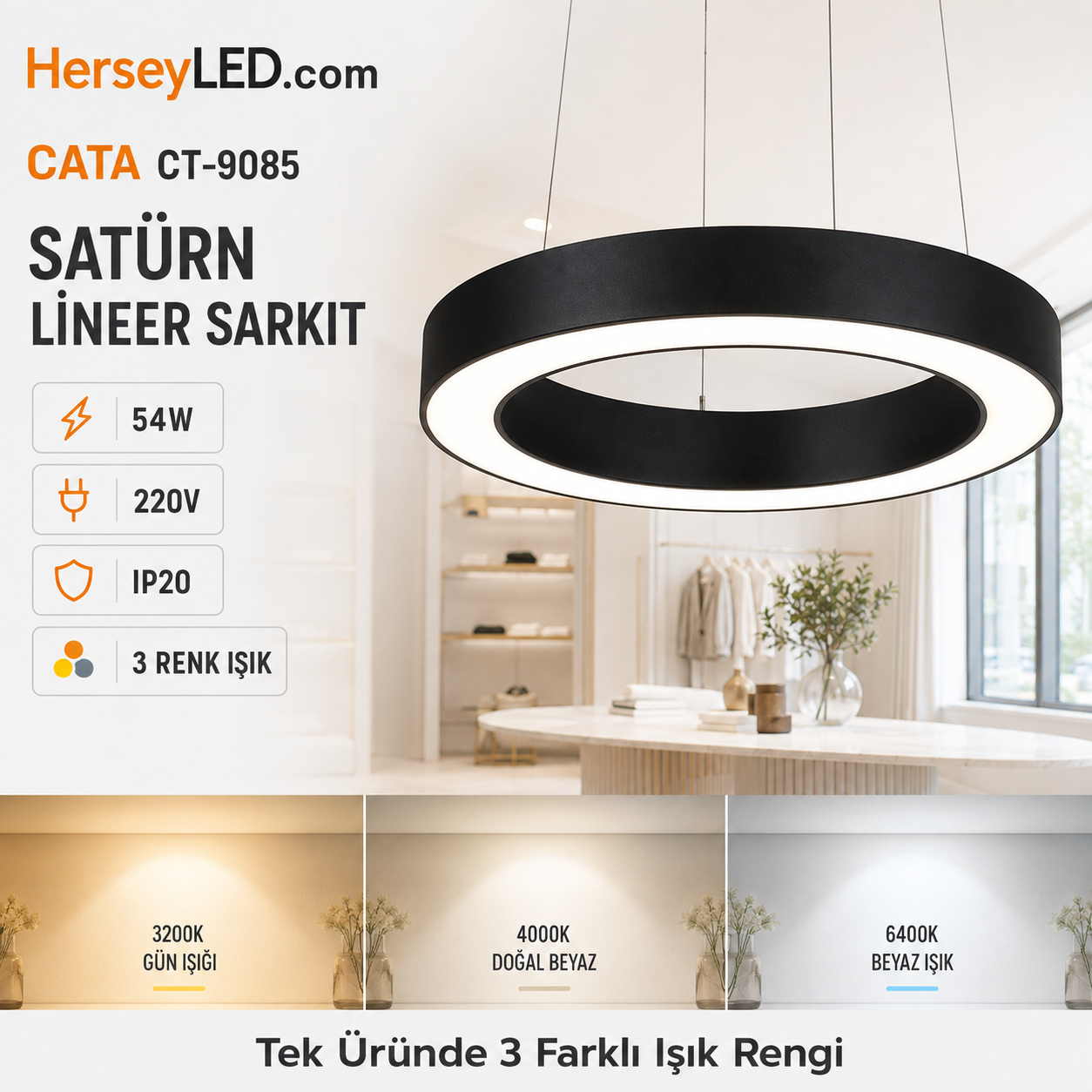 CATA 54W  SATURN LİNEER SARKIT 3RENK ( Çap 60cm )  ( BEYAZ +4000K+GÜNIŞIĞI )  CT-9085