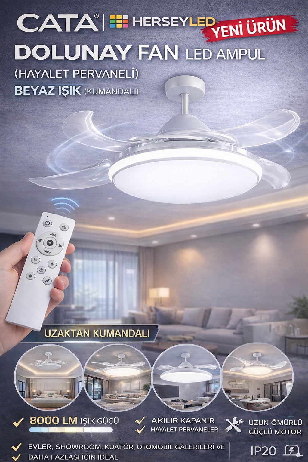 CATA (CT-1156) DOLUNAY FAN LED AMPUL ( HAYALET PERVANELİ) BEYAZ IŞIK ( KUMANDALI)