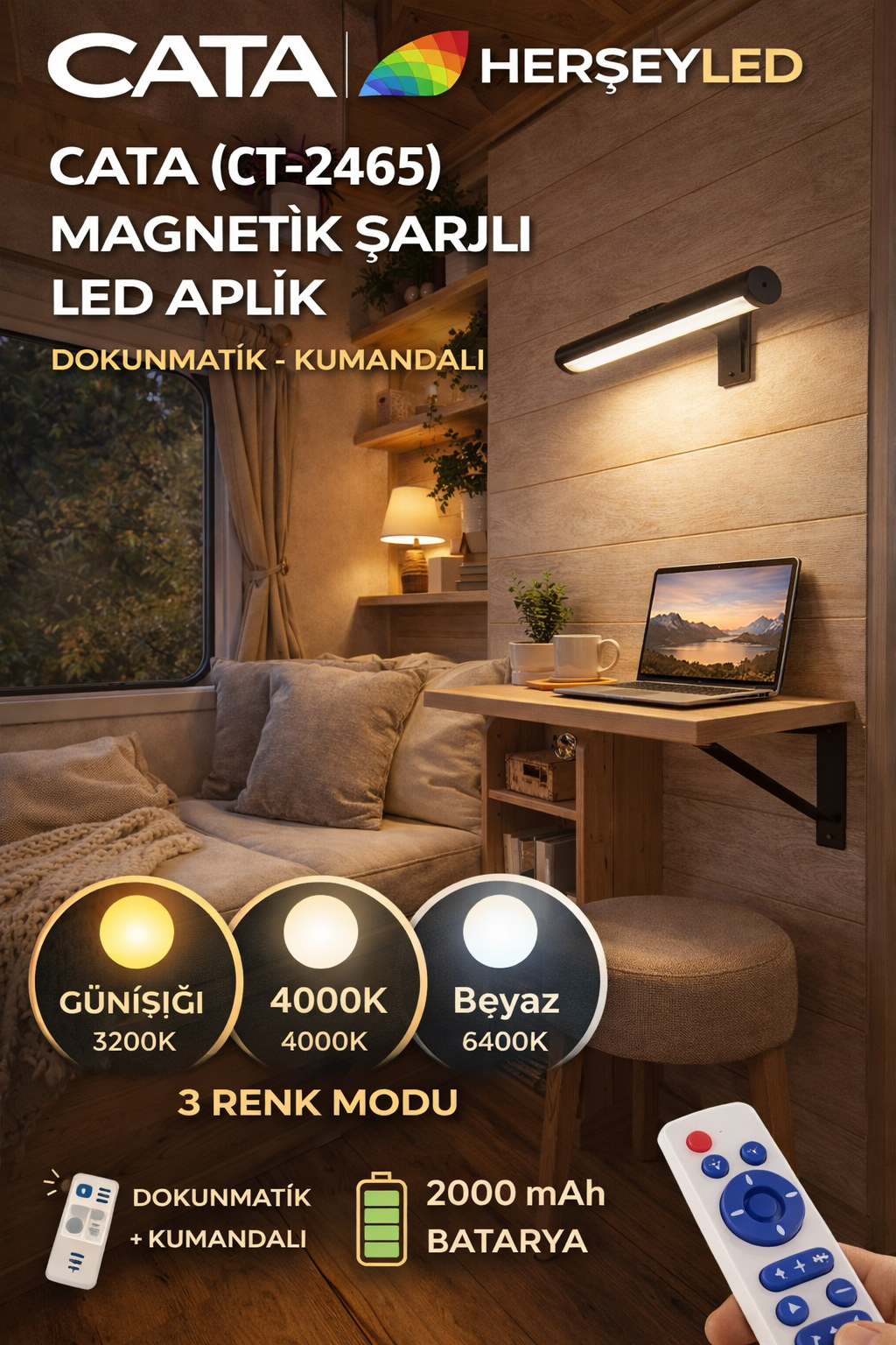 CATA (CT-2465) MAGNETİK ŞARJLI LED APLİK ( DOKUNMATİK) ( KUMANDALI ) 3 RENK IŞIK ( BEYAZ - 4000K - GÜNIŞIĞI )