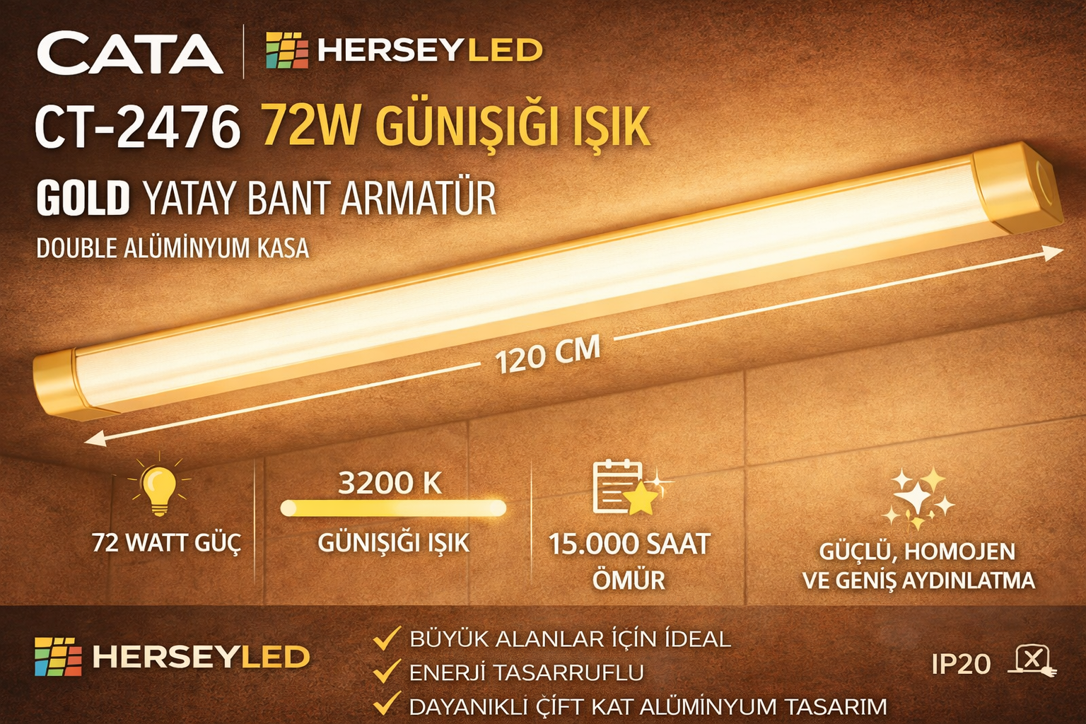 CATA CT-2476 GOLD YATAY BANT ARMATÜR 72W - GÜNIŞIĞI IŞIK 6500K - DOUBLE ALİMİNYUM KASA CT-2476