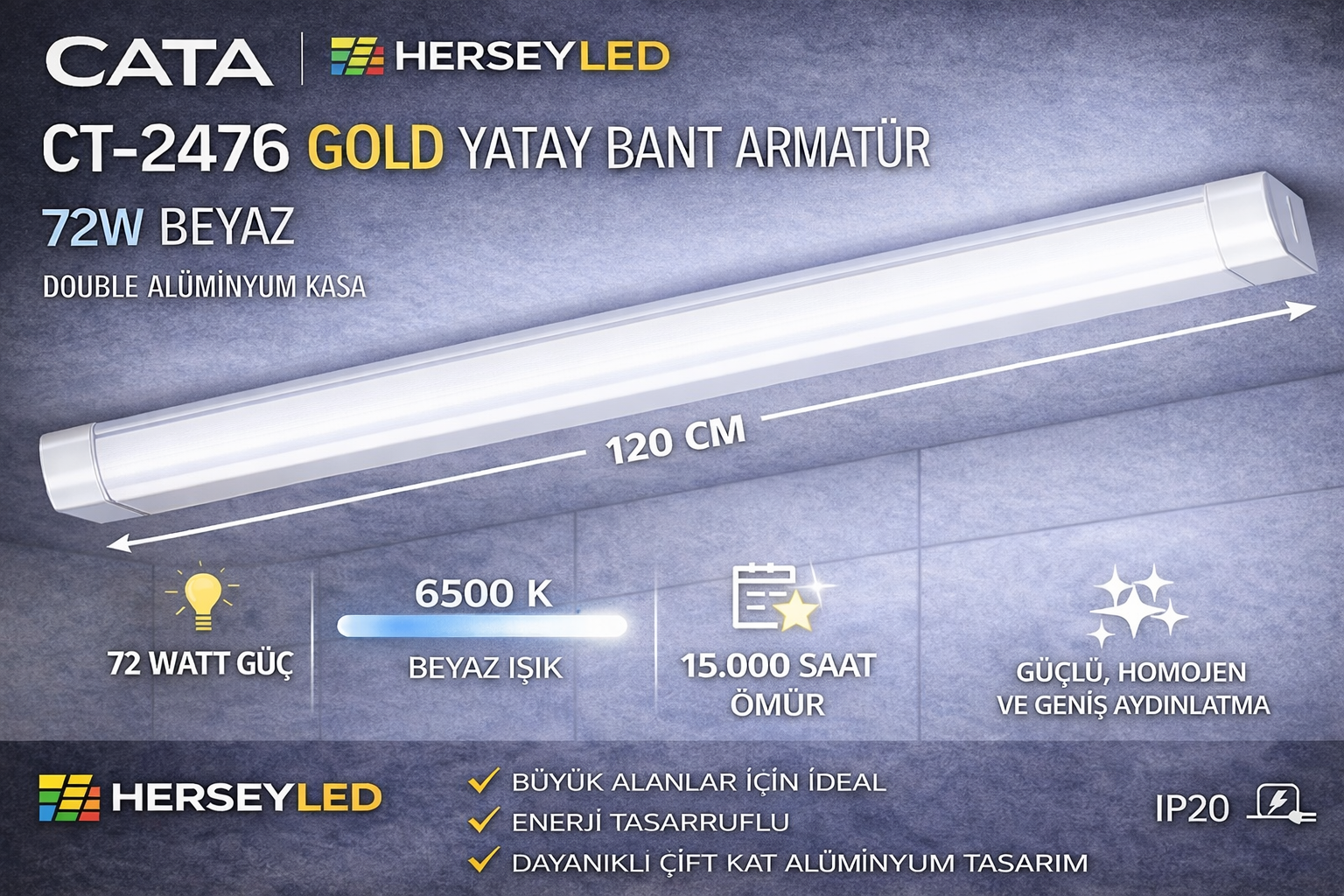 CATA CT-2476 GOLD YATAY BANT ARMATÜR 72W BEYAZ DOUBLE ALİMİNYUM KASA CT-2476