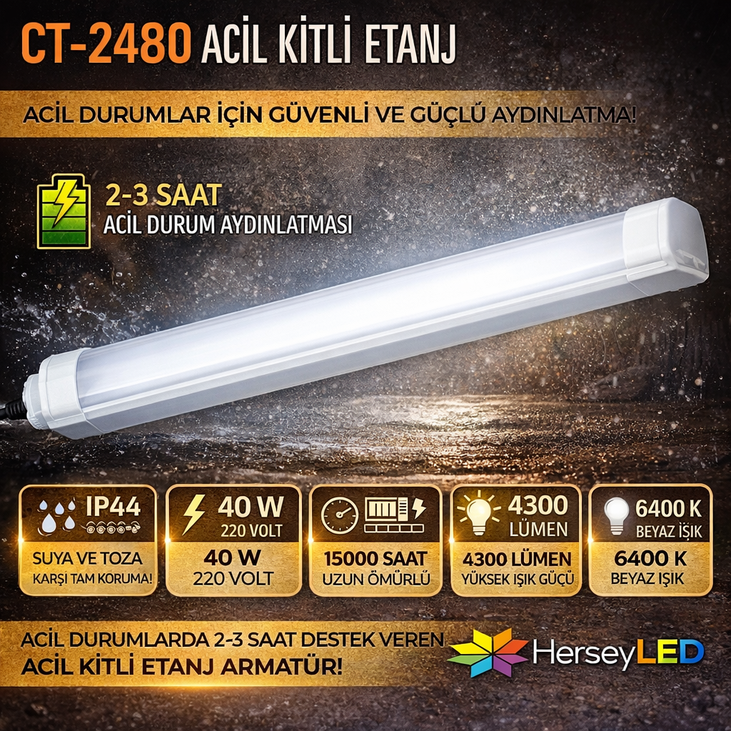 Tel Kitli Cata CT-2480 40W Acil Kitli Etanj Armatür Beyaz Işık 6500K – Nemli Yer ...