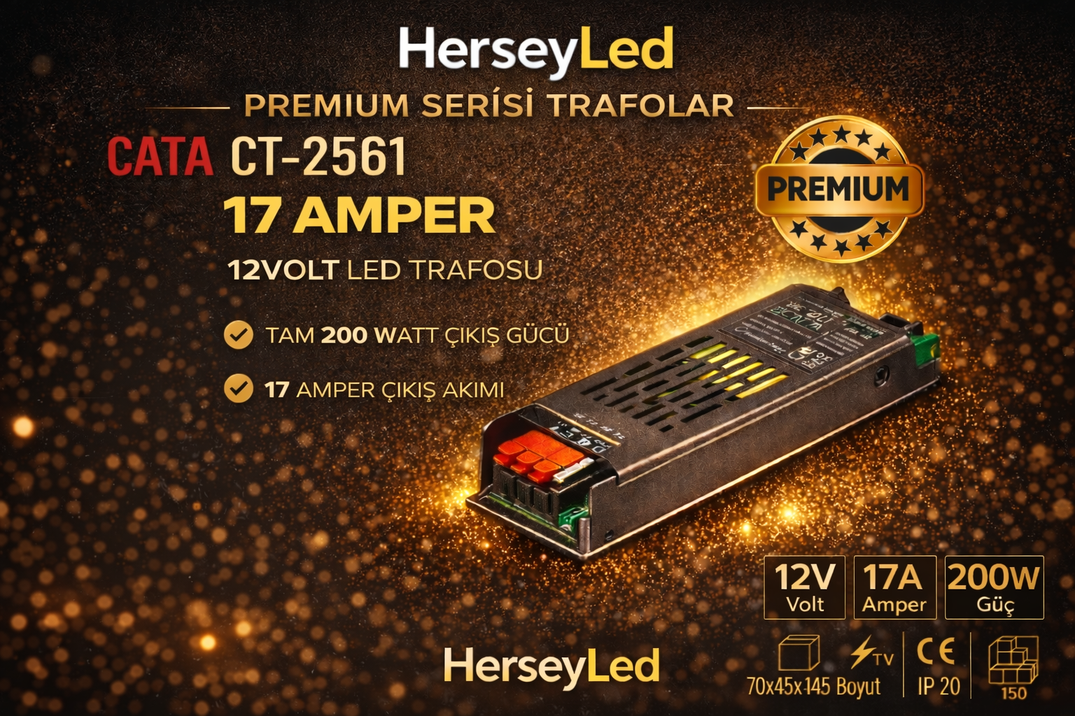 CATA  CT-2561 17 Amper 12V Şerit Led Trafosu (200W) (Slim-Fansız) CT-2561