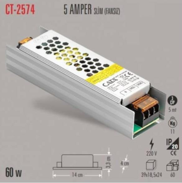 CATA CT-2574 5A Slim Model Fansız Şerit Led Trafosu 60 W