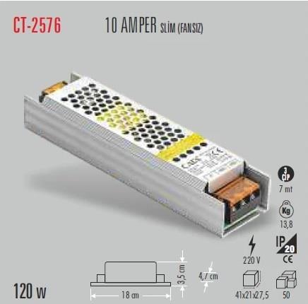 CATA CT-2576 10 AMPER 12V ŞERİT LED TRAFOSU 120W SLİM MODEL