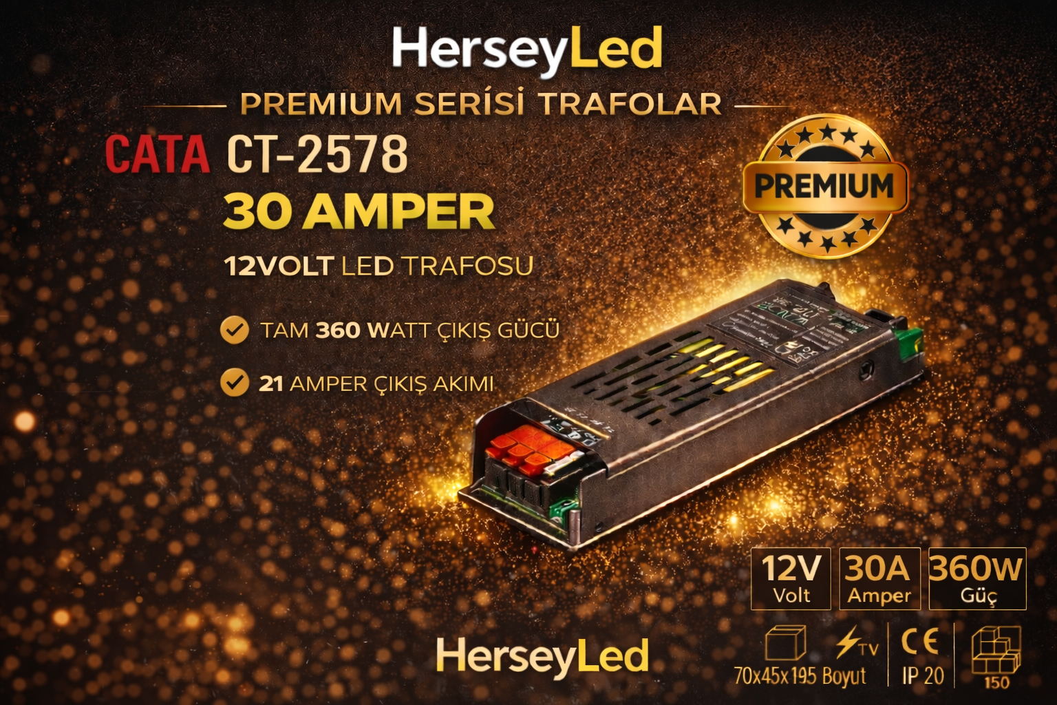 CATA CT-2578 30 Amper 12V ŞERİT LED TRAFOSU (360W) (SLIM-FANSIZ)