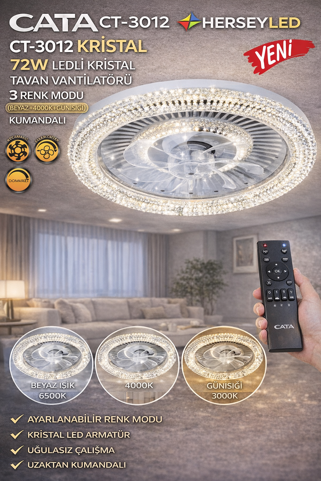 CATA CT-3012 KRİSTAL LEDLİ TAVAN VANTİLATÖRÜ 3RENK MODU ( BEYAZ+4000K+GÜNIŞIĞI) KUMANDALI
