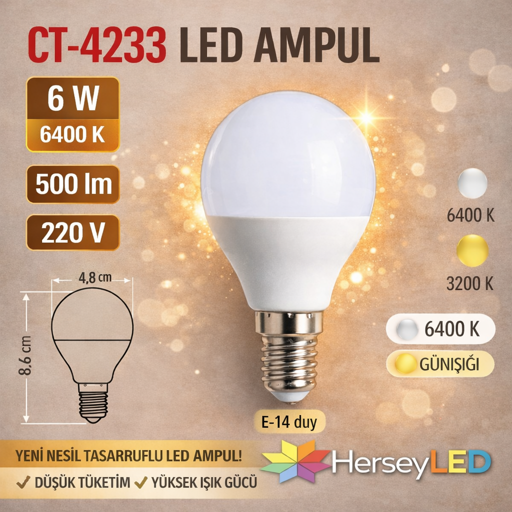 CATA CT-4233 Beyaz LED Ampul 6W E14 - 6400K Beyaz Işık