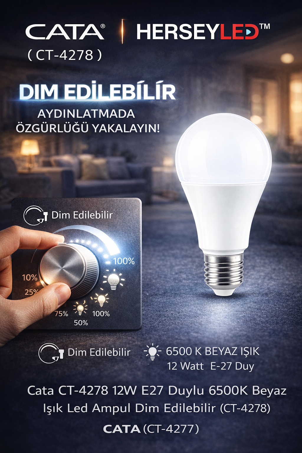 Cata CT-4278 12W e27 Duylu 6500K Beyaz Işık Led Ampul Dim Edilebilir