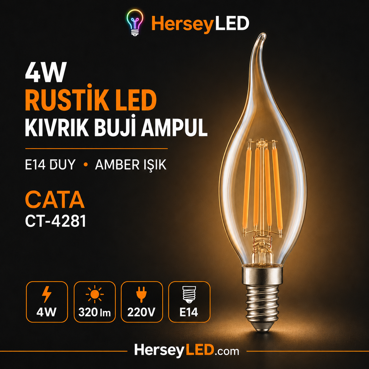 CATA CT-4281 4W Rustik LED Kıvrık Buji Ampul E14 – Amber Işık – 320 Lümen