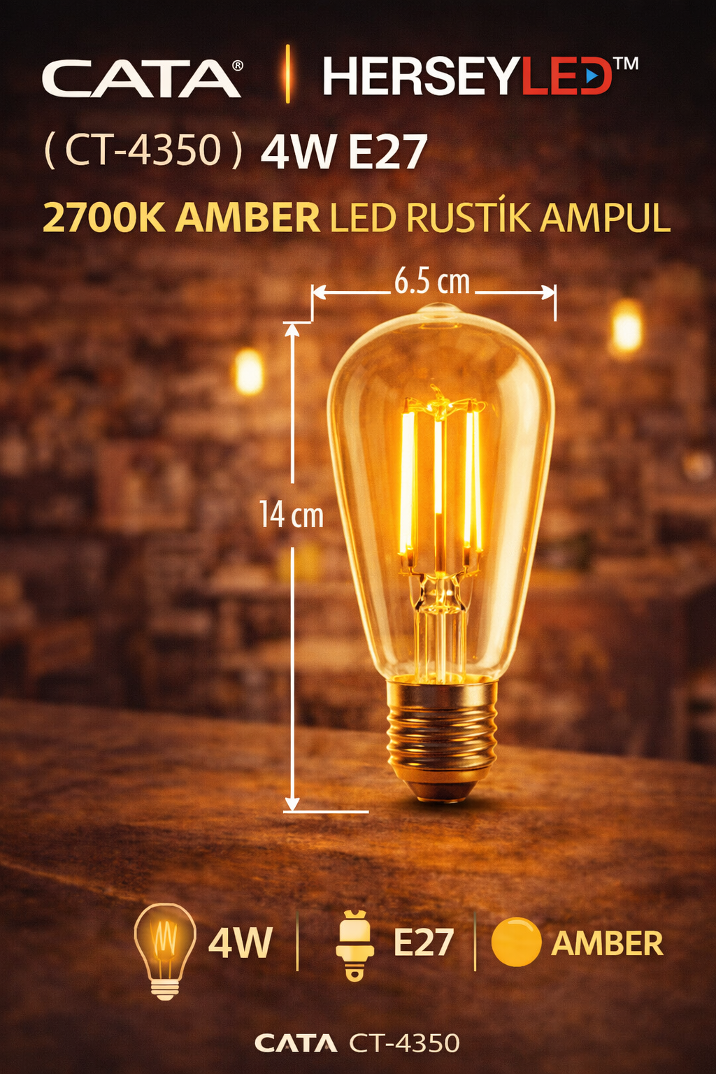 Cata CT-4350 4W E27 2700K Amber Led Rustik Ampul