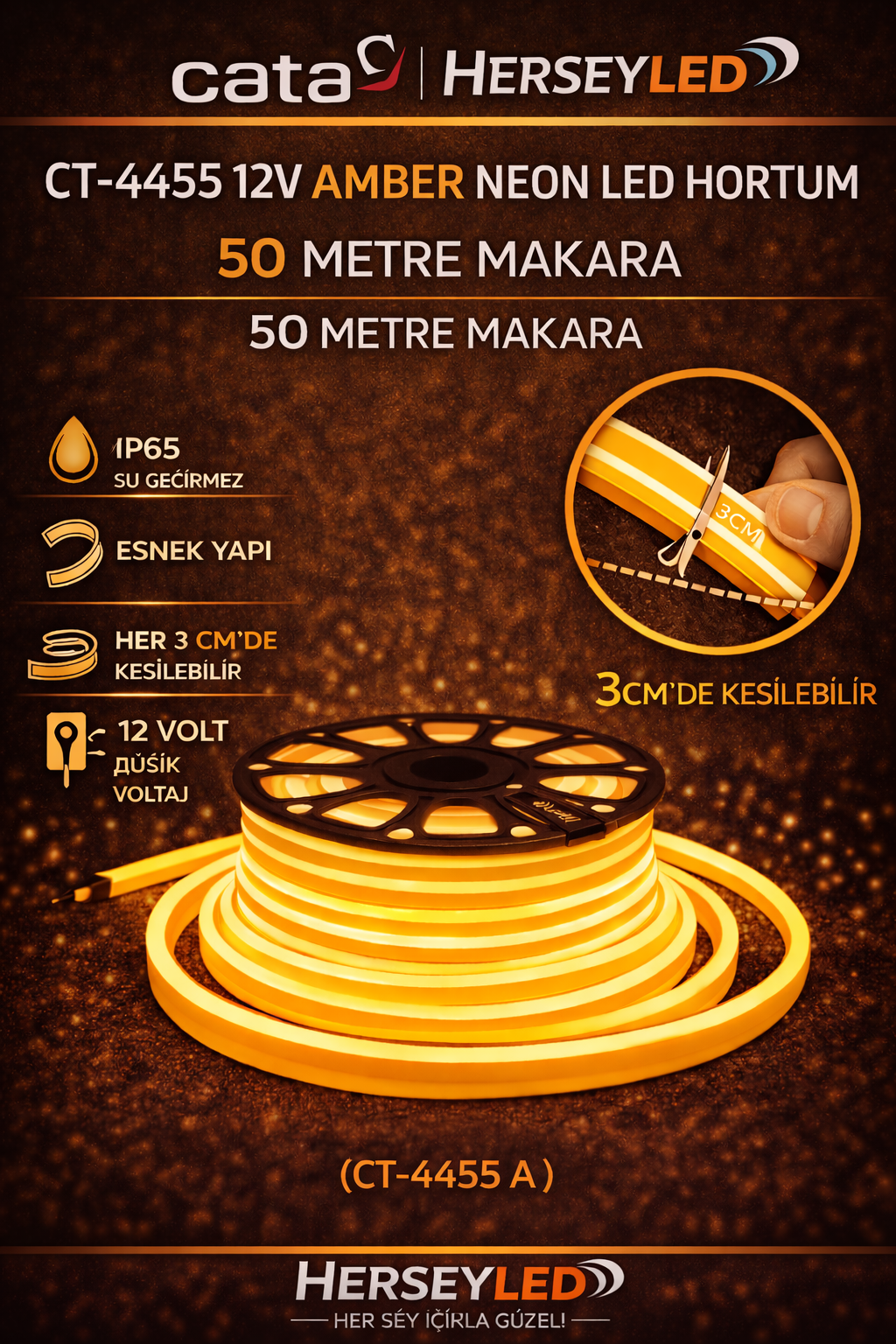 CATA CT-4455 12V AMBER NEON LED HORTUM 50 METRE MAKARA CT-4555