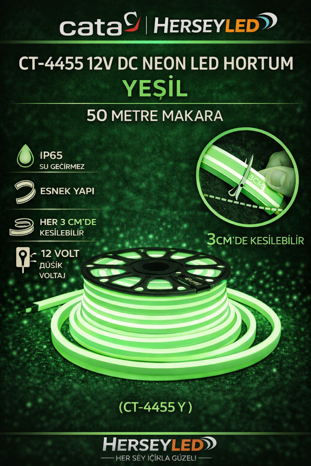 CATA CT-4455 12V DC Neon Led Hortum YEŞİL 50 Metre Makara CT-4555