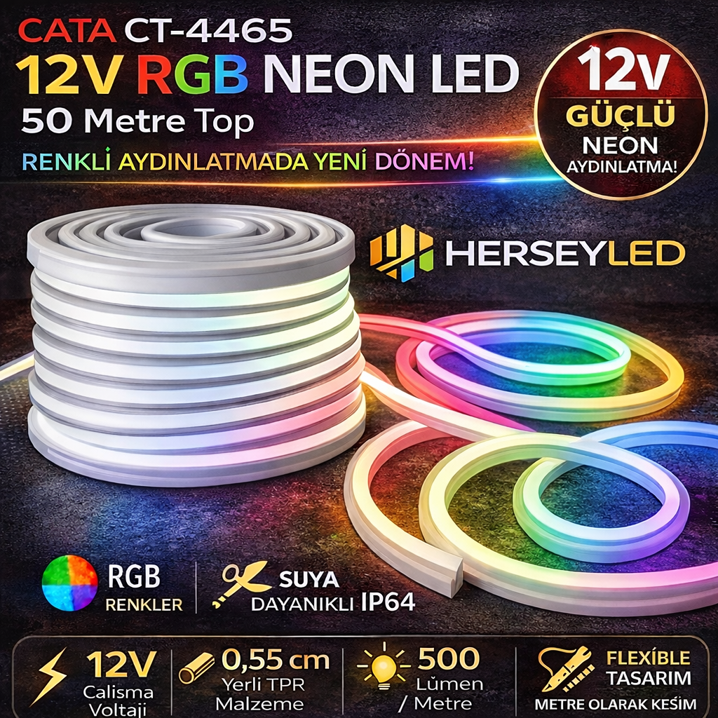 CATA CT-4465 12V RGB NEON LED ( 5x12mm ) IP64 Dış mekan - 50MT TOP FİYATIDIR