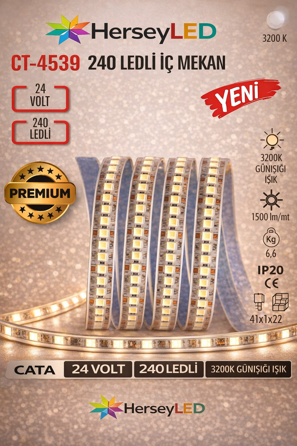 Cata CT-4539 24V Günışığı Işık 240 LED İç Mekan Şerit LED (5 Metre)