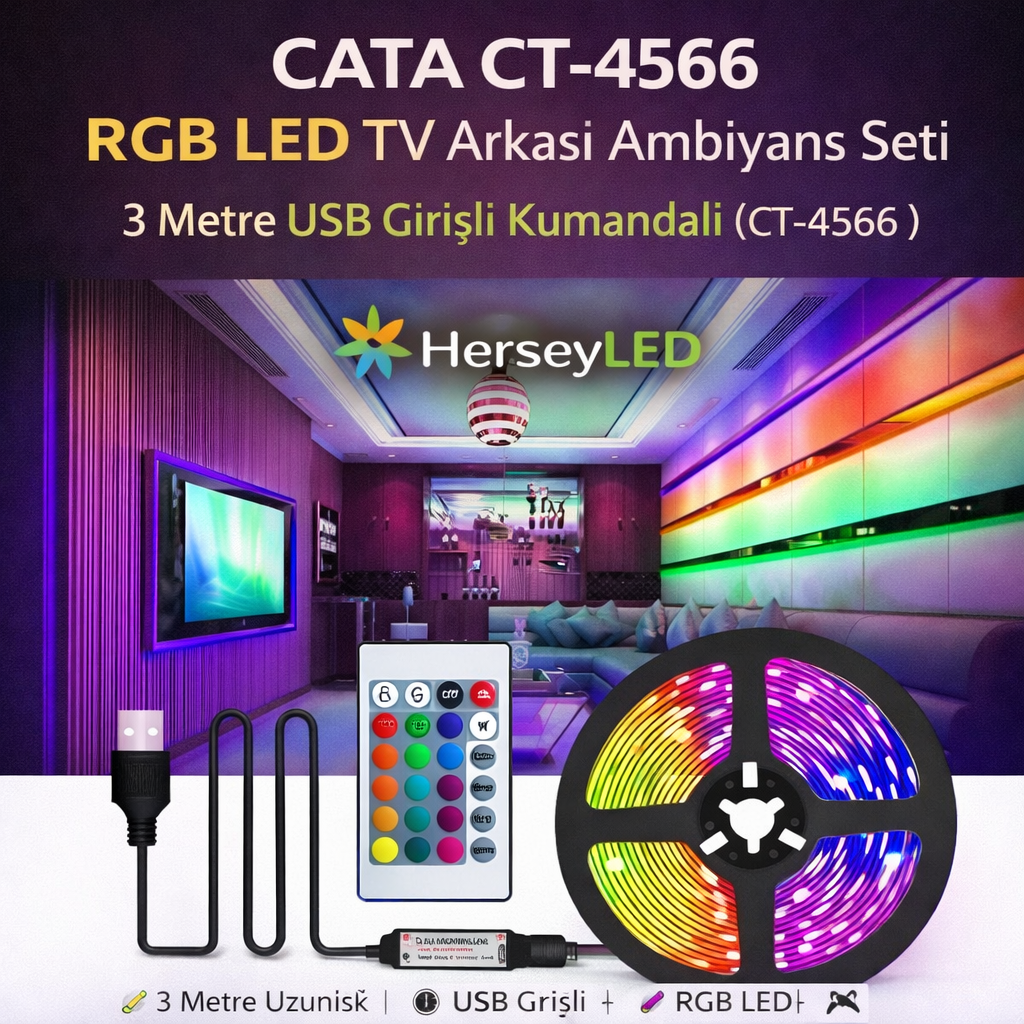 CATA CT-4566 RGB LED TV Arkası Ambiyans Seti – 3 Metre USB Girişli Kumandalı