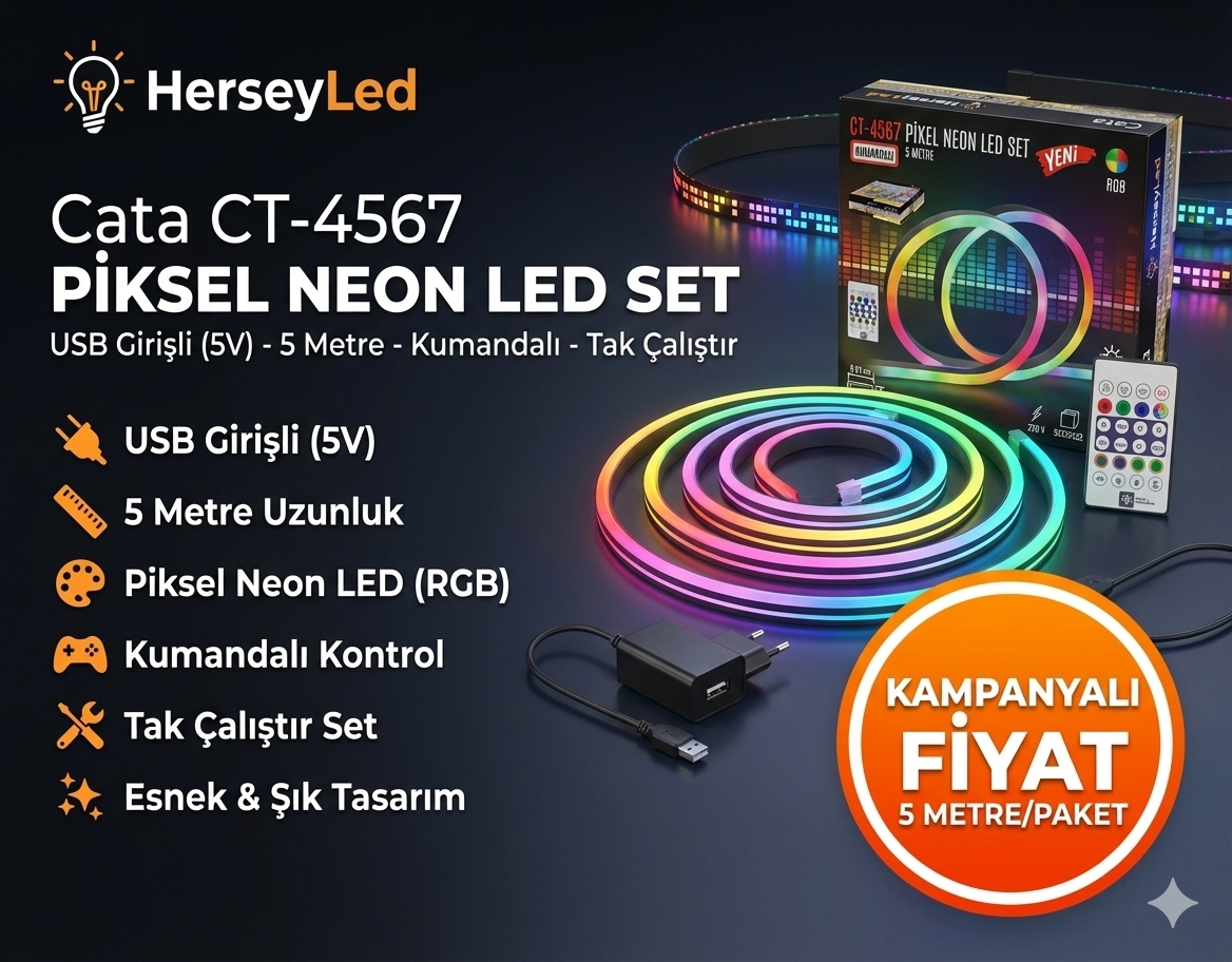 Cata CT-4567 Piksel Neon LED USB Girişli 5V 5 Metre Kumandalı – Tak Çalıştır Set