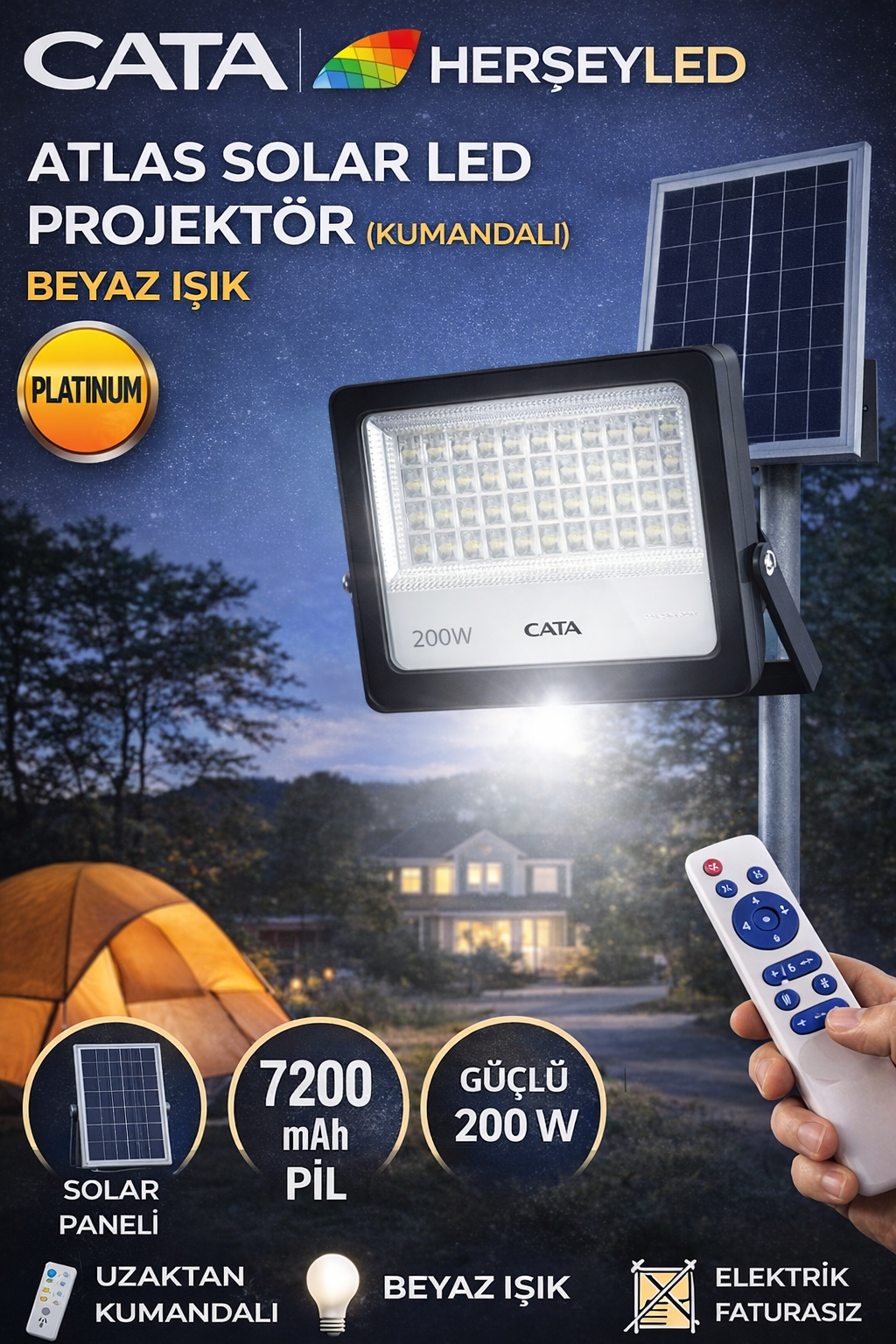 CATA (CT-4649) ATLAS SOLAR LED PROJEKTÖR (KUMANDALI) BEYAZ IŞIK (23X29cm SOLAR PANEL )