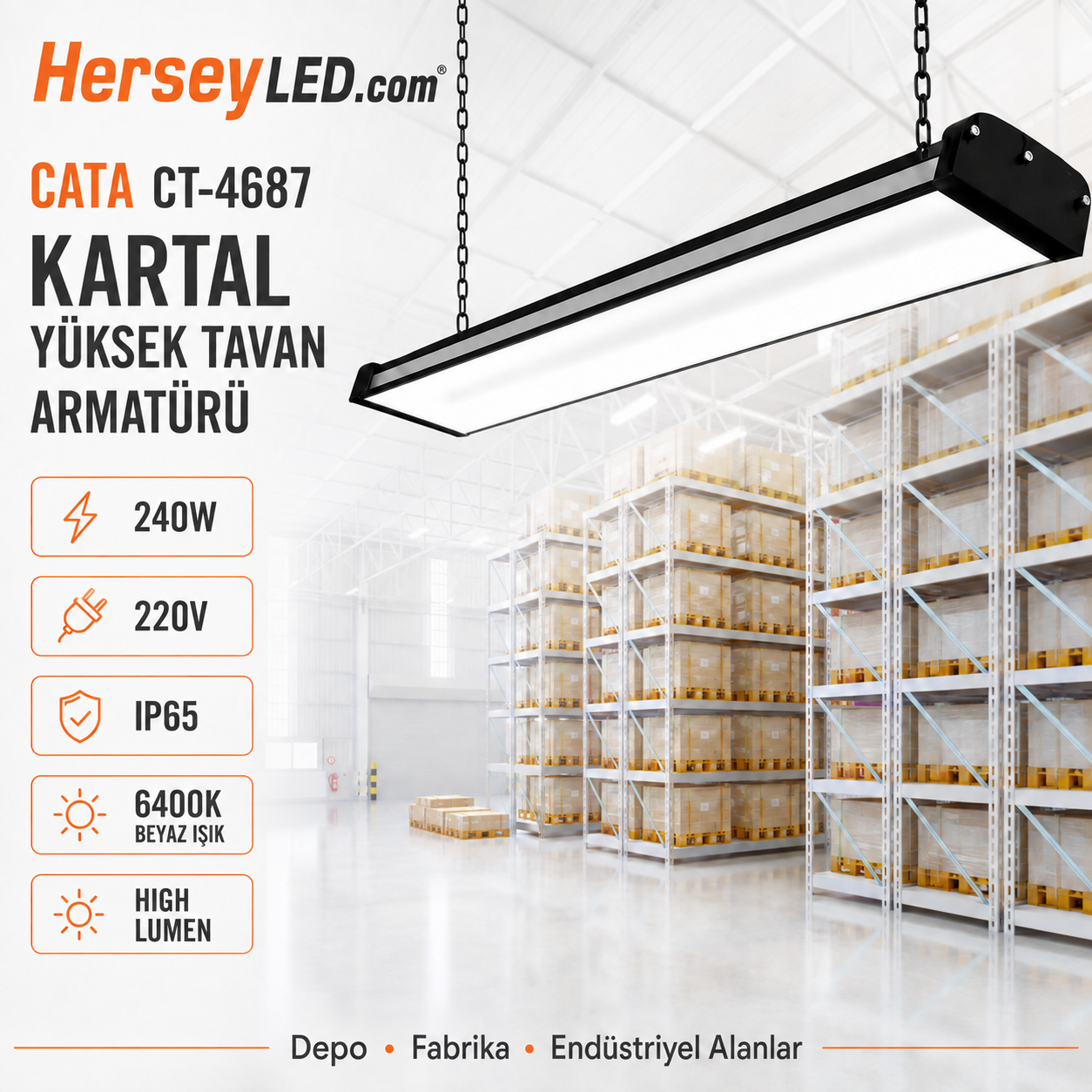 CATA CT-4687 Kartal 240W IP65 Yüksek Lümen LED Yüksek Tavan Armatürü – 6400K Beyaz Işık – 26.500 Lümen
