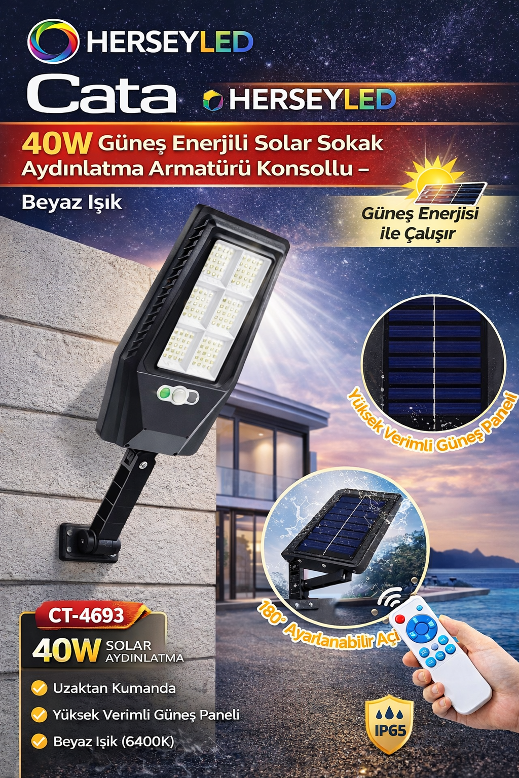 Cata CT-4693 40W Güneş Enerjili Solar Sokak Aydınlatma Armatürü Konsollu – Beyaz Işık