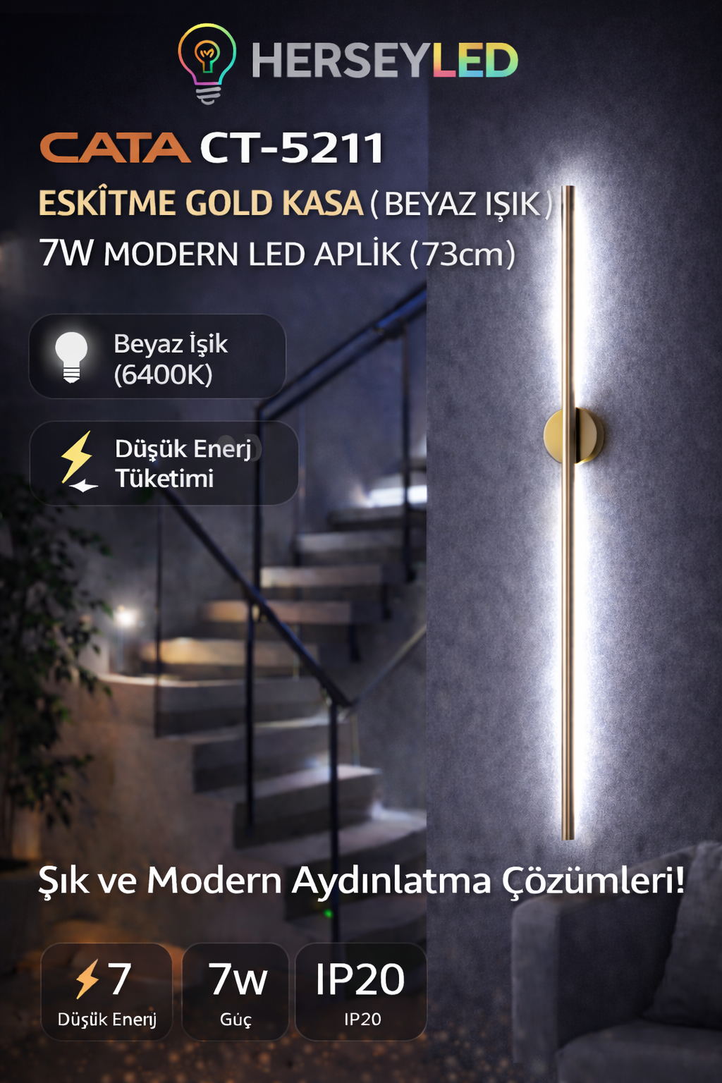 CATA (CT-5211) ESKİTME GOLD KASA ( BEYAZ IŞIK ) 7W MODERN LED APLİK ( 73cm )
