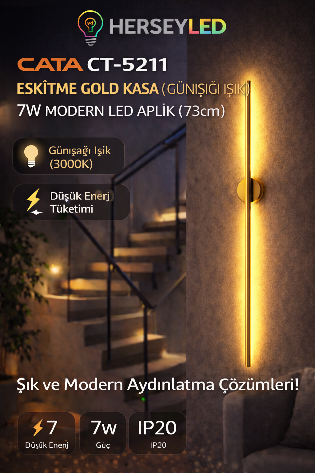 CATA (CT-5211) ESKİTME GOLD KASA ( GÜNIŞIĞI IŞIK ) 7W MODERN LED APLİK ( 73cm )