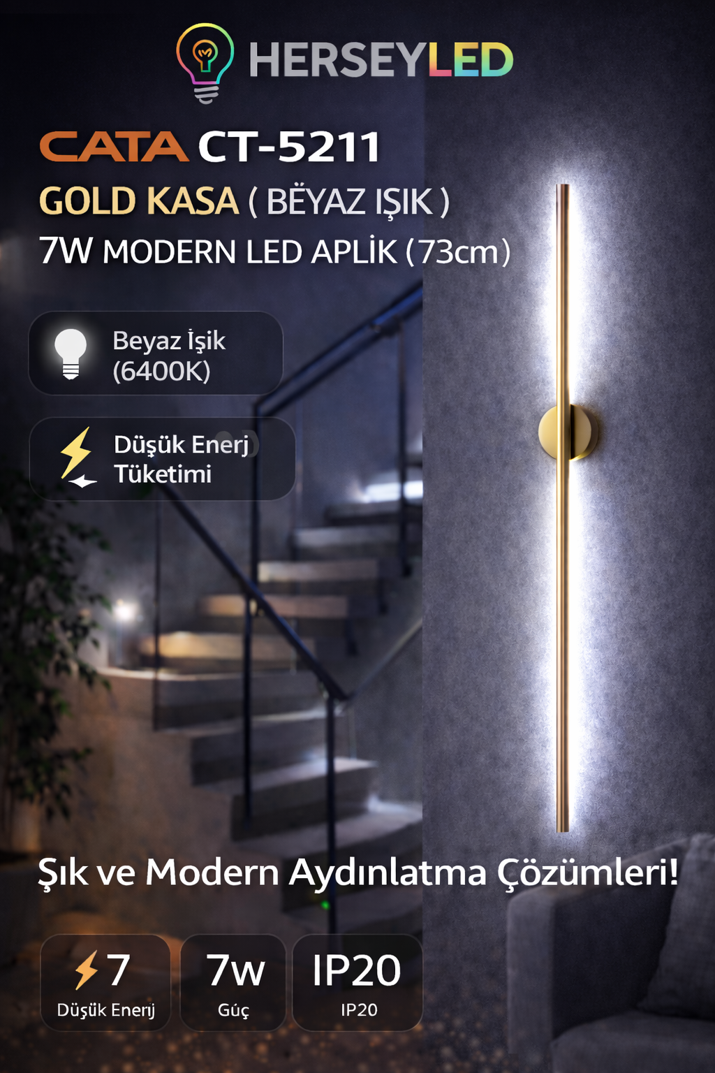 CATA (CT-5211) GOLD KASA ( BEYAZ IŞIK ) 7W MODERN LED APLİK ( 73cm )