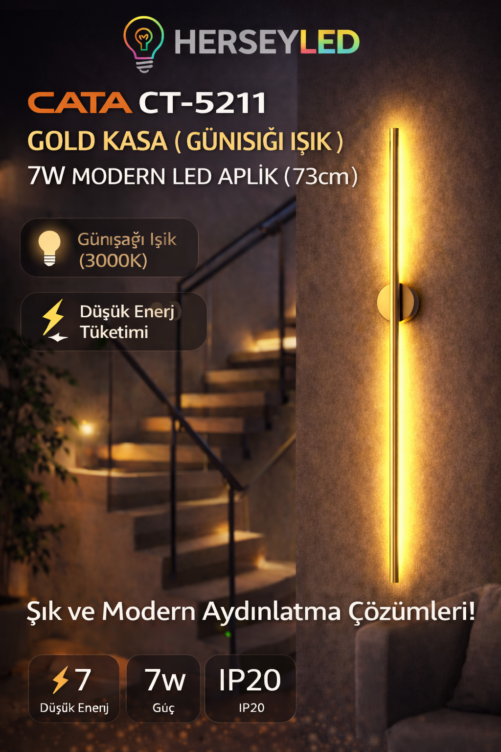 CATA (CT-5211) GOLD KASA ( GÜNIŞIĞI IŞIK ) 7W MODERN LED APLİK ( 73cm )