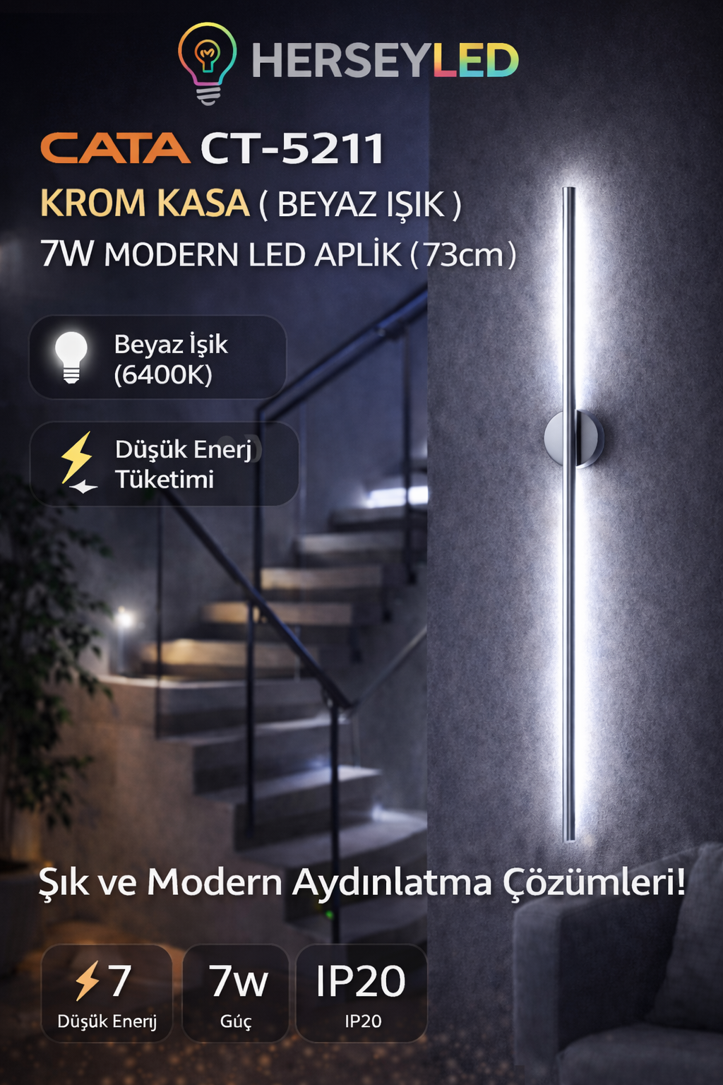 CATA (CT-5211) KROM KASA ( BEYAZ IŞIK ) 7W MODERN LED APLİK ( 73cm )