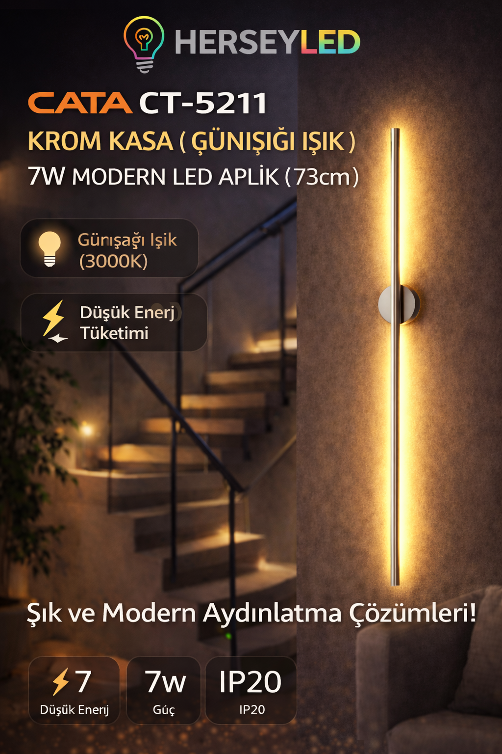 CATA (CT-5211) KROM KASA ( GÜNIŞIĞI IŞIK ) 7W MODERN LED APLİK ( 73cm )