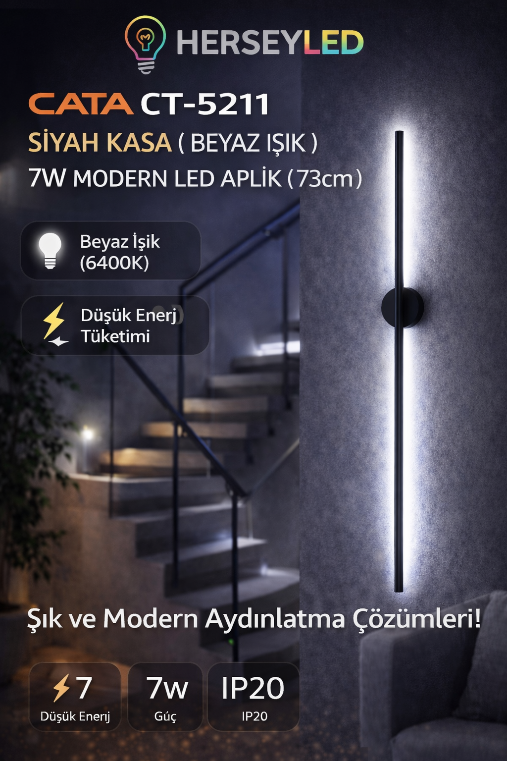 CATA (CT-5211) SİYAH KASA ( BEYAZ IŞIK ) 7W MODERN LED APLİK ( 73cm )