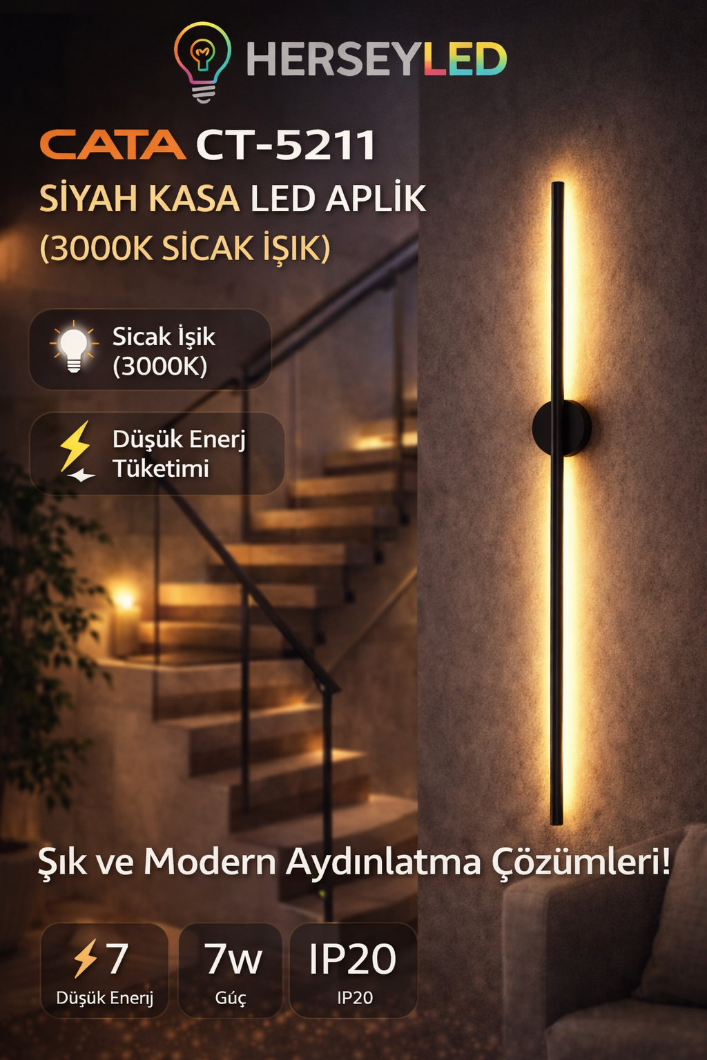 CATA (CT-5211) SİYAH KASA ( GÜNIŞIĞI IŞIK ) 7W MODERN LED APLİK ( 73cm )