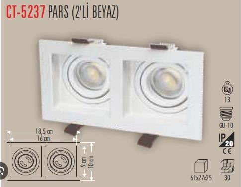 Cata CT-5237 Pars Kare Dekoratif İkili Spot Beyaz