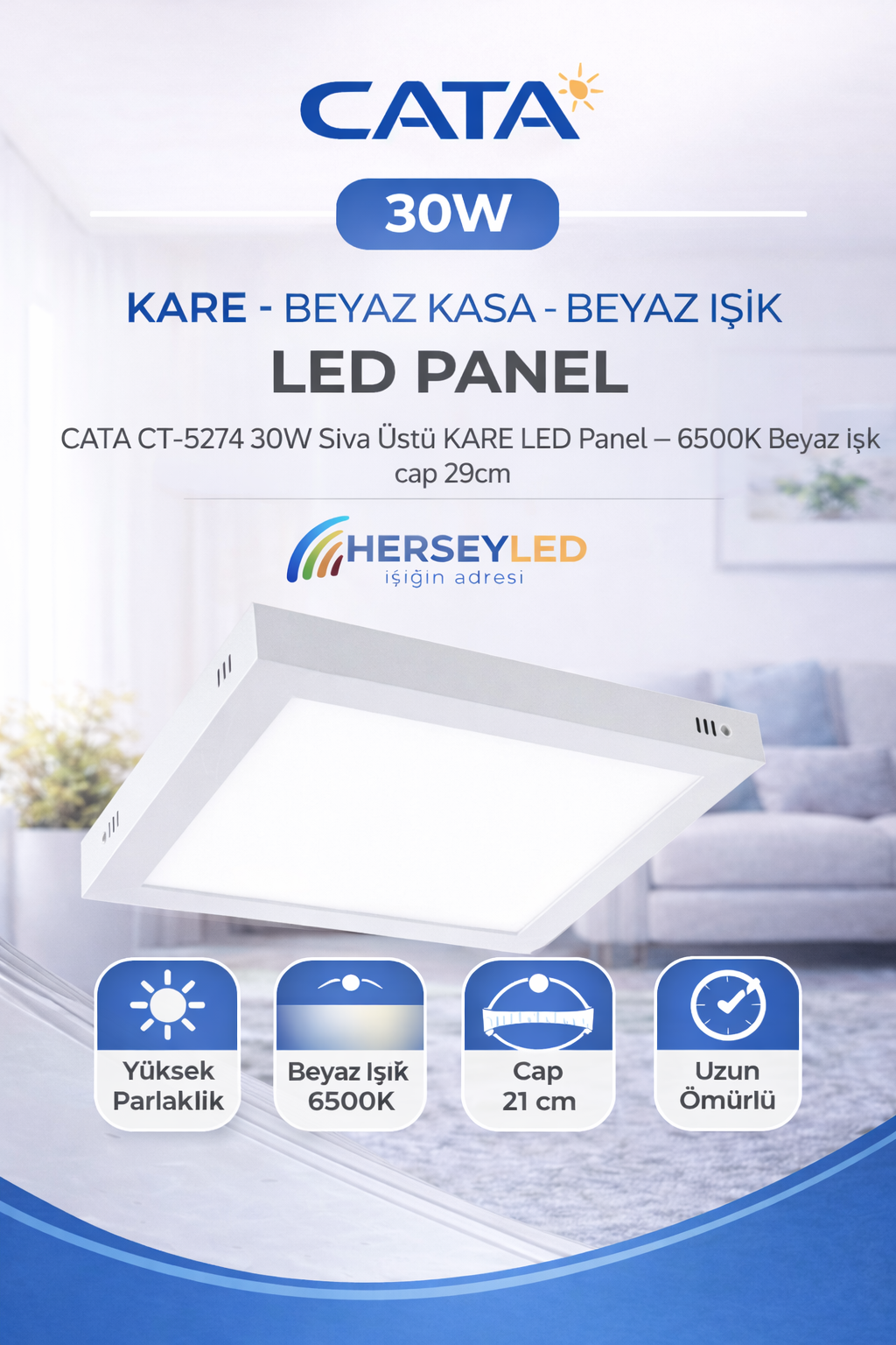 CATA CT-5274 30W Sıva Üstü KARE LED Panel – 6500K Beyaz Işık