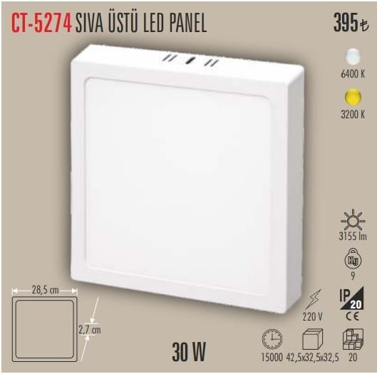 CATA CT-5274 30W Sıva Üstü KARE LED Panel – 6500K Beyaz Işık