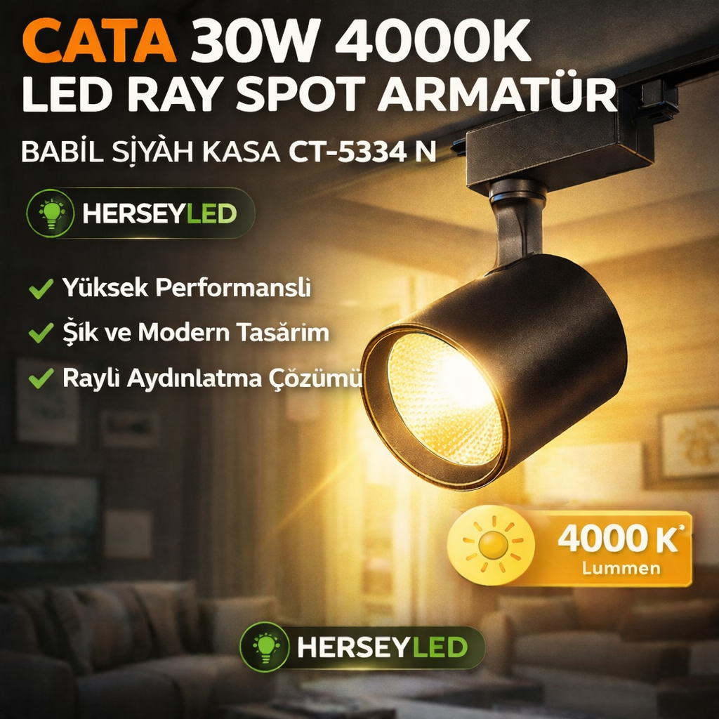 Cata CT-5334 30W 4000K Babil Siyah Kasa Led Ray Spot Armatür CATA