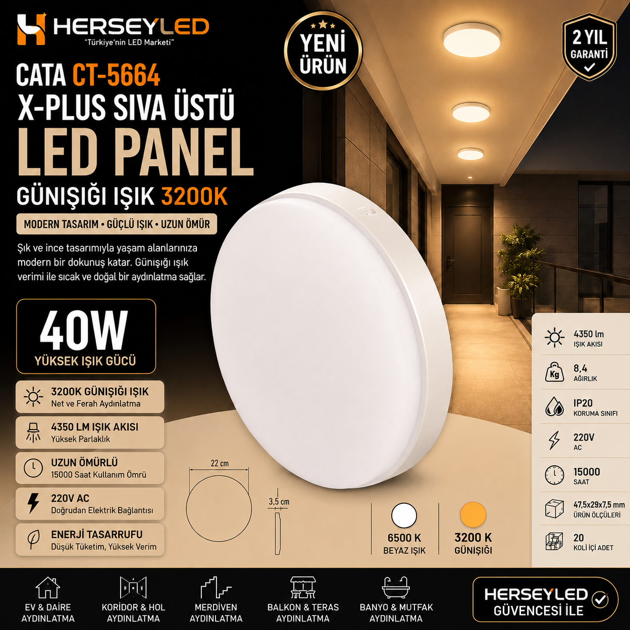 CATA CT-5664 X-PLUS 40W SIVA ÜSTÜ LED PANEL GÜNIŞIĞI IŞIK 3200K
