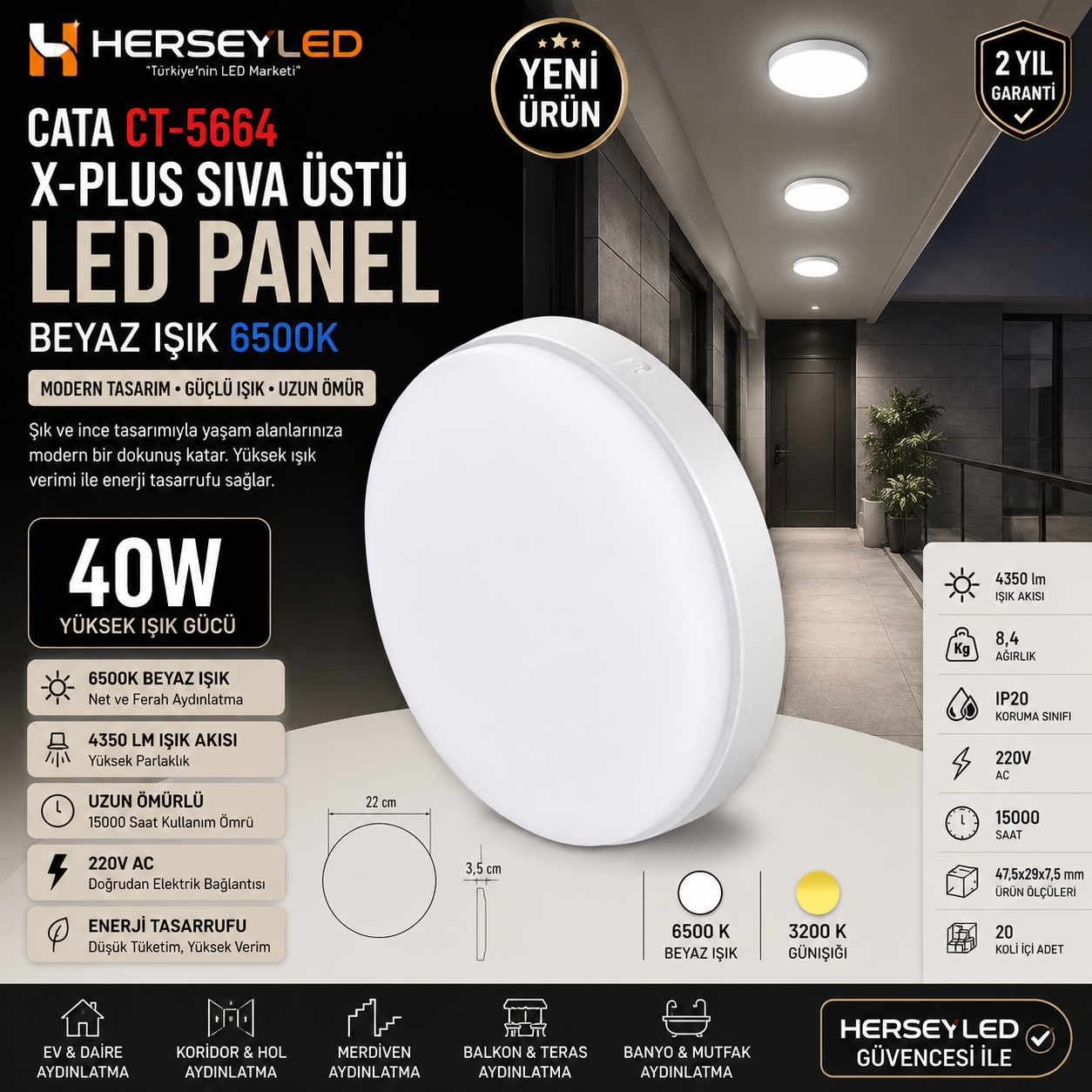 CATA CT-5664 X-PLUS 40W SIVA ÜSTÜ LED PANEL BEYAZ IŞIK 6500K