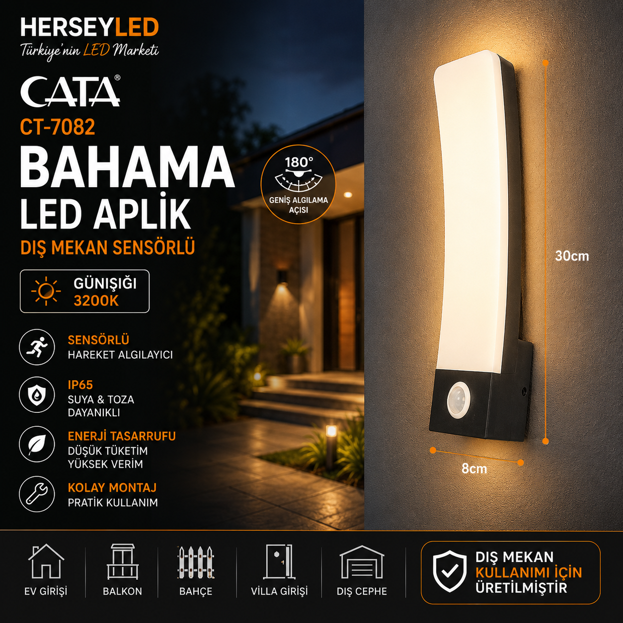 CATA CT-7082 30W BAHAMA DIŞ MEKAN SENSÖRLÜ LED APLİK GÜNIŞIĞI 3200K