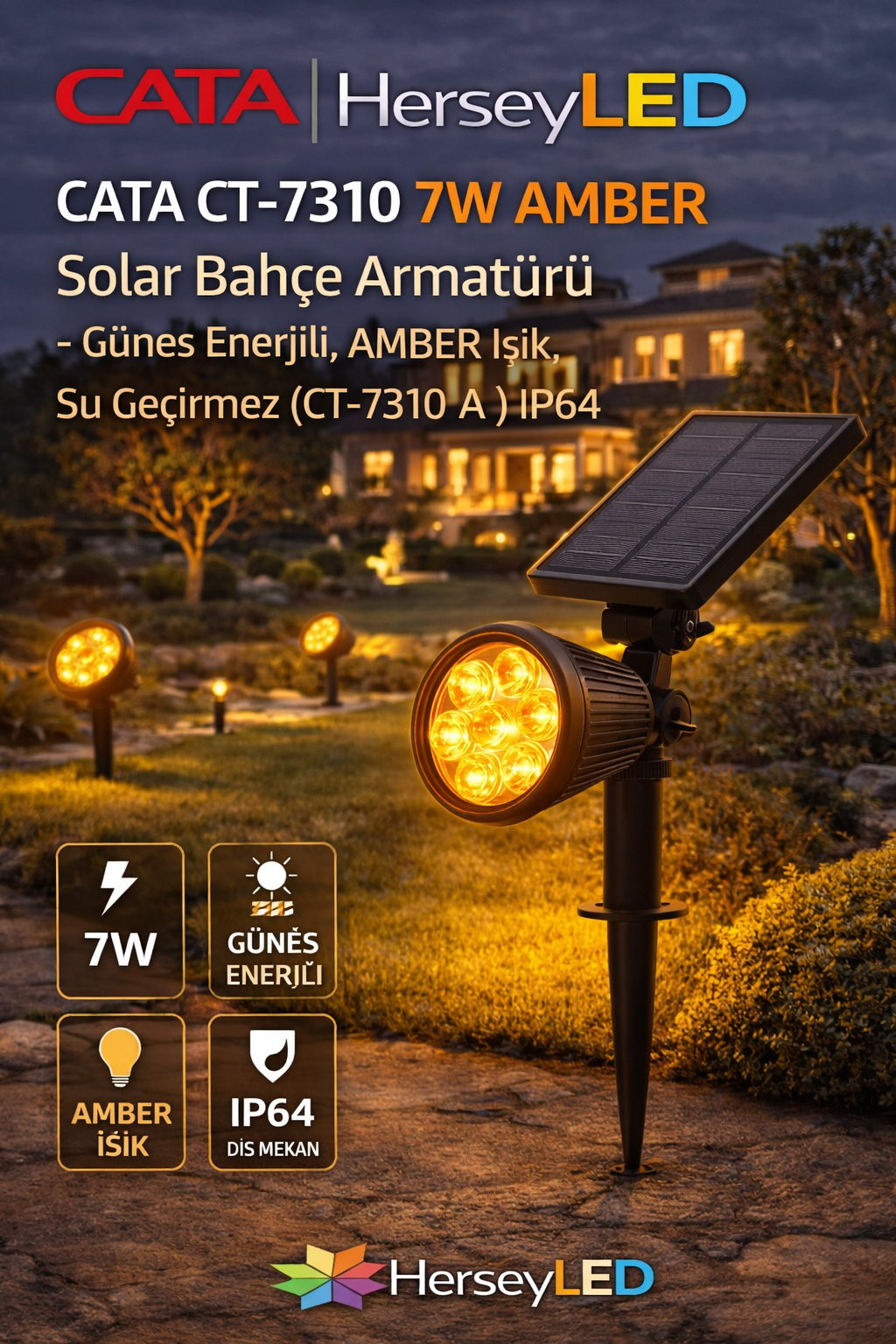 CATA CT-7310 7W AMBER Solar Bahçe Armatürü – Güneş Enerjili, AMBER Işık, Su Geçirmez (CT-7310 )